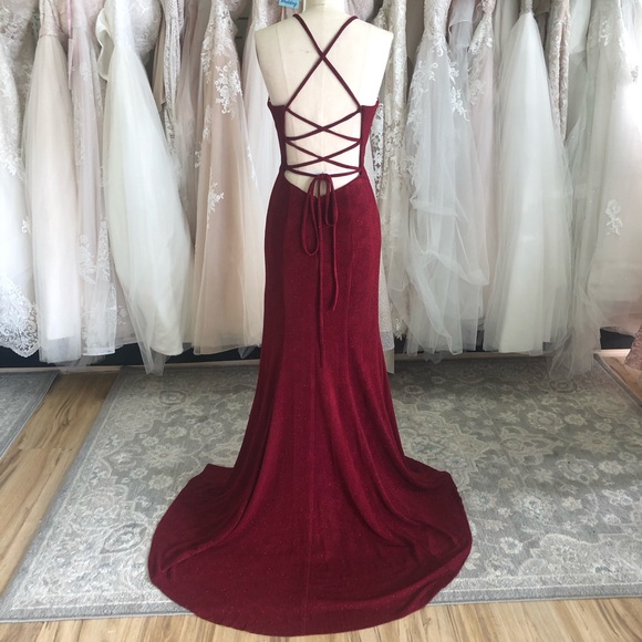 Burgundy, High Neck, High Slit Prom Dress fitted - Picture 6 of 8